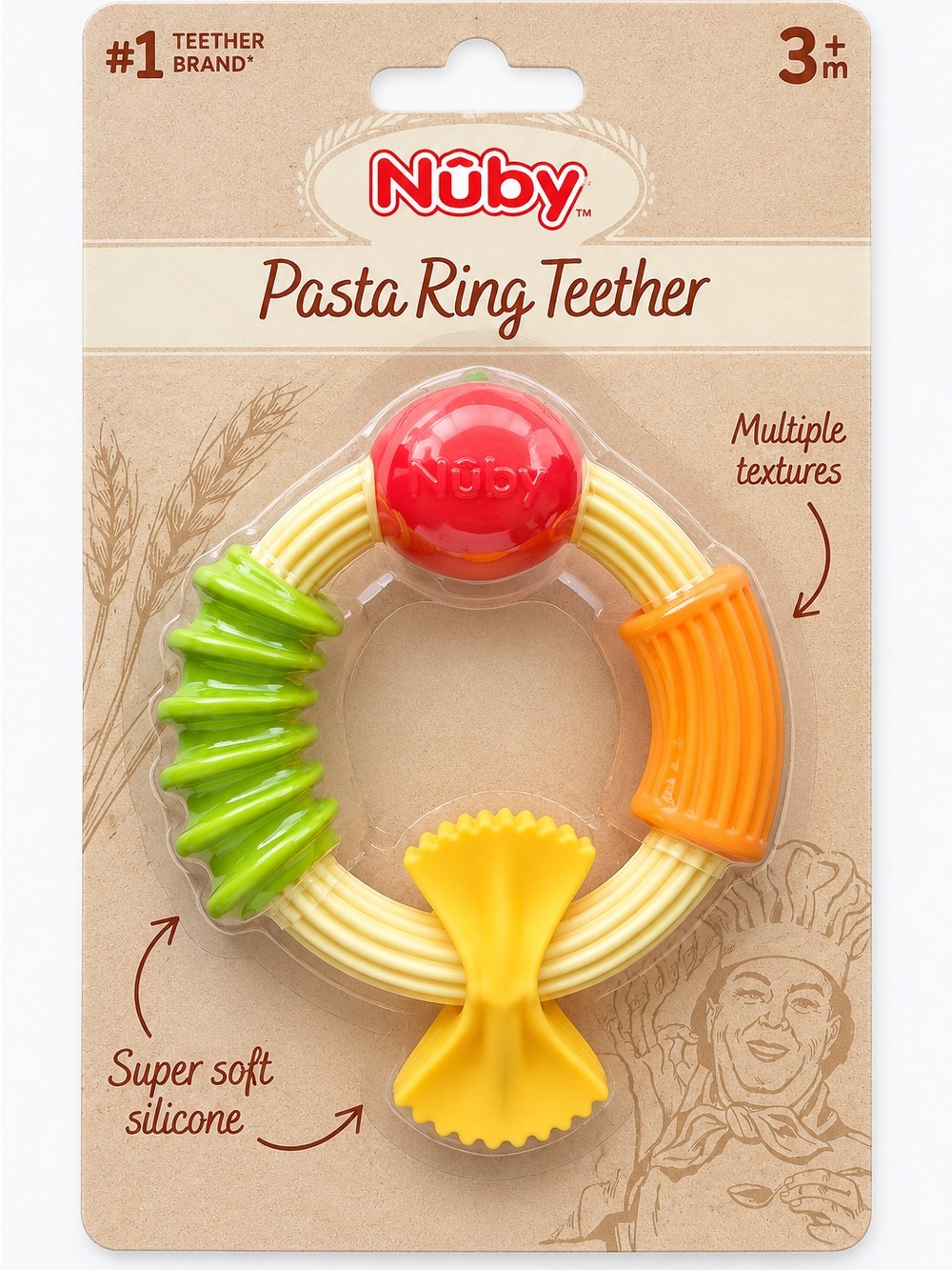Nuby Pasta Ring Teether 3M+ Multi-Texture Soft Silicone Baby Teething Toy NIP